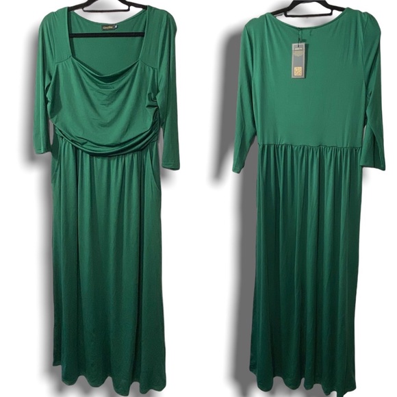 *NWT green pleated slimming dress 3 qtr sleeves draping long size XL formal work - Picture 1 of 5